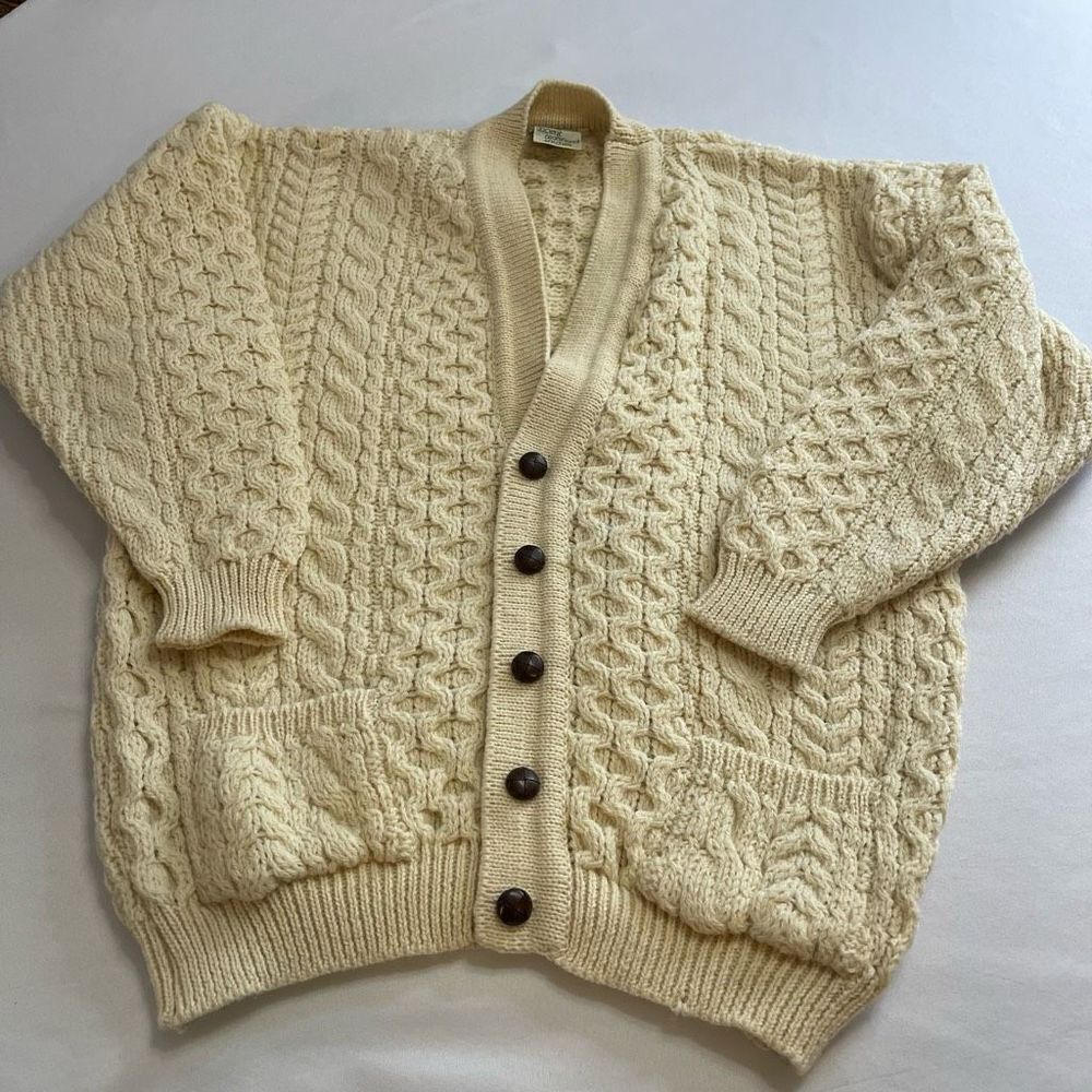 Cladyknit Fisherman Cable Knit Cottage Core Grandma Core Sweater Cardigan Sz XL